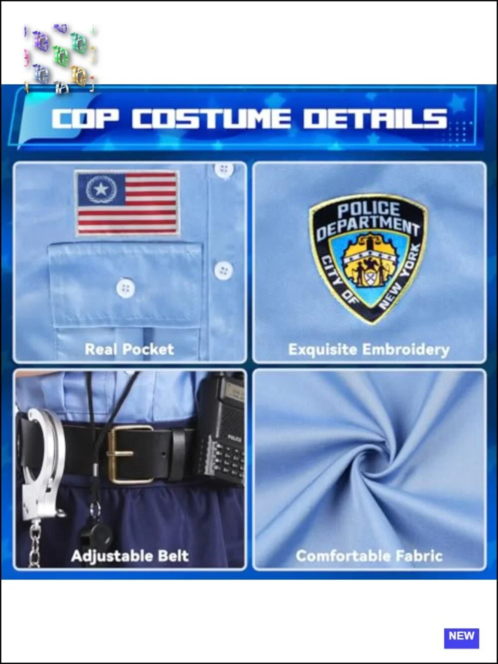 Kids Police Officer Costume with Accessories, Pretend Play Outfit for Girls